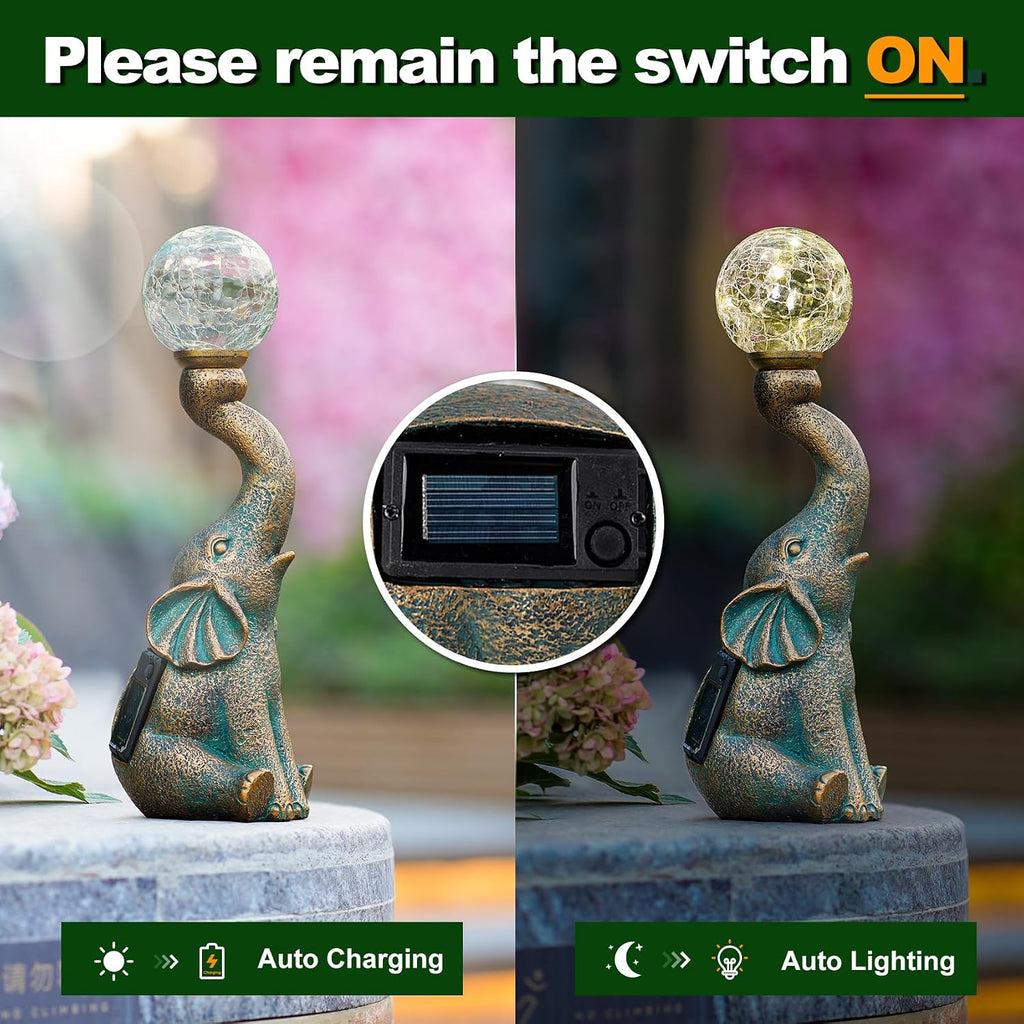 Solar Outdoor Elephant Statue Gifts Garden Decoration Light | 8 LED Crackle Balls Elephant Sculpture for Yard Patio