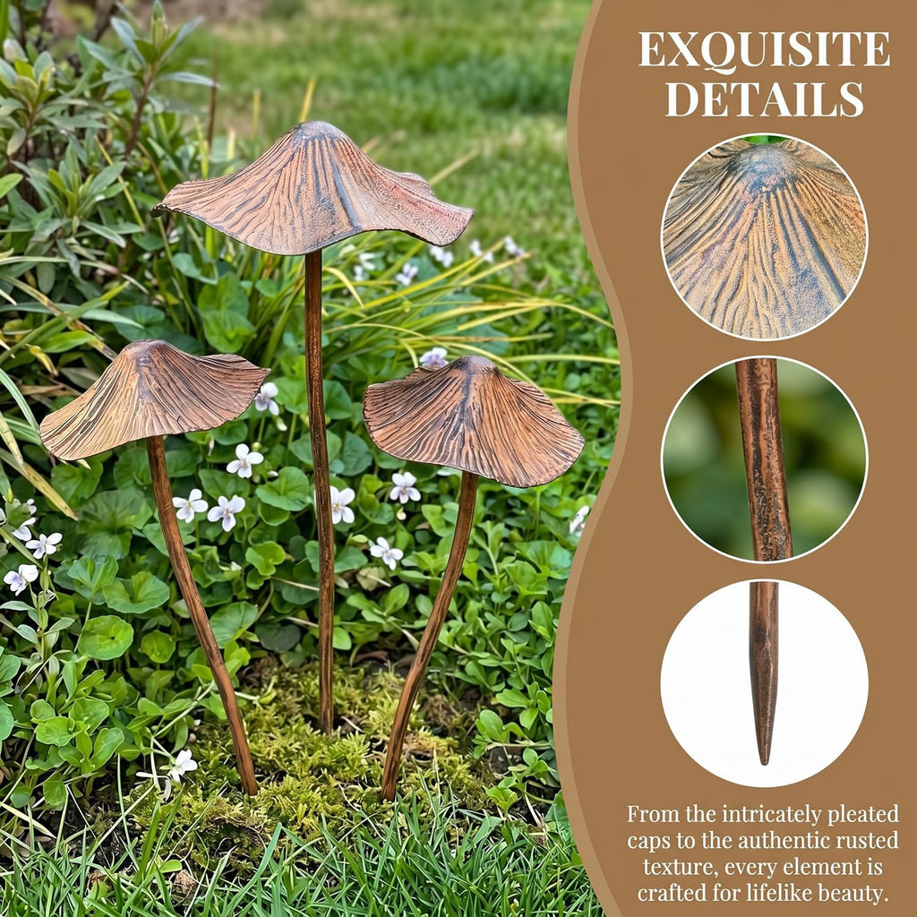 3 Pack Large Mushroom Garden Decor, Outdoor Mushroom Decor Metal Garden Stakes, Rust Finish Mushroom Statue Yard Art