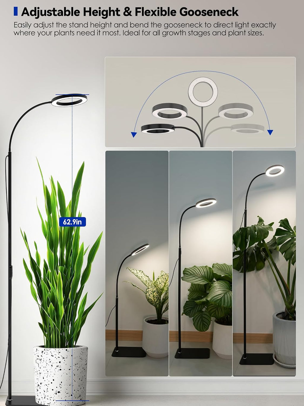 Grow Lights for Indoor Plants,LED Plant Light with Stand for Indoor Growing | 20W Full Spectrum Dimmable, 3 Light