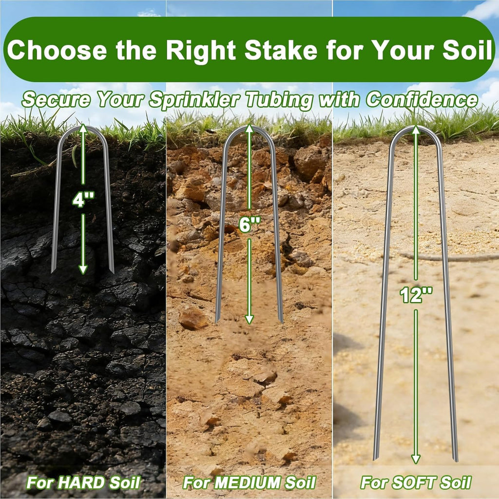 U Shaped Garden Stakes 6 Inch, Galvanized Landscape Staples for Tube | 11 Gauge 100 Pack Drip Line Irrigation Tubing