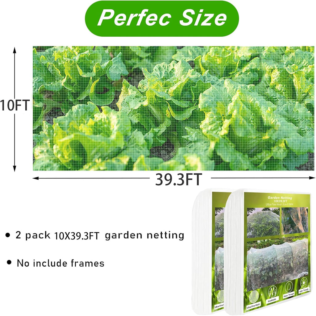 Garden Netting, 2 Pack 10X39.3FT Ultra Fine Insect Netting for Vegetable Flowers Fruits, Garden Mesh Plant Cover Row