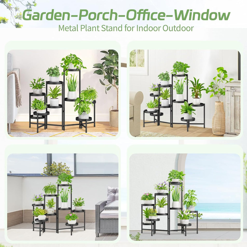 iDavosic.ly Plant Stand Indoor Outdoor, 9 Tier Metal Corner Shelf, Black | Tiered Flower Display Holder, Folding Multi