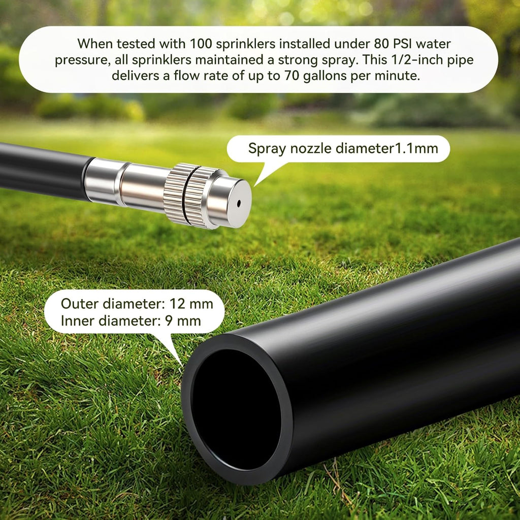 100-FT1/2-inch Tubing High-Flow Adjustable Irrigation System for the Garden | with 60 Nozzles, Dual-Side Watering Kit
