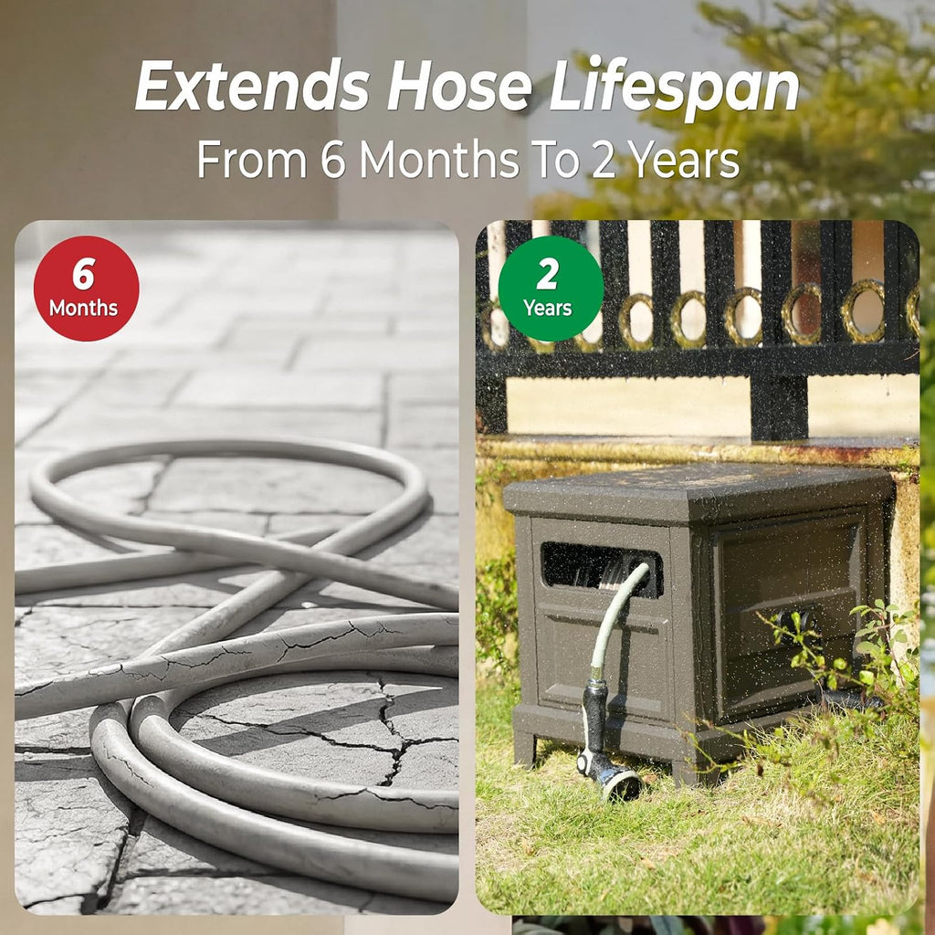 Heavy Duty Steel Garden Hose Reel Deck Box, Holds 125 ft x 5/8 inch Hose, Leak-Proof Aluminum Water System, Manual