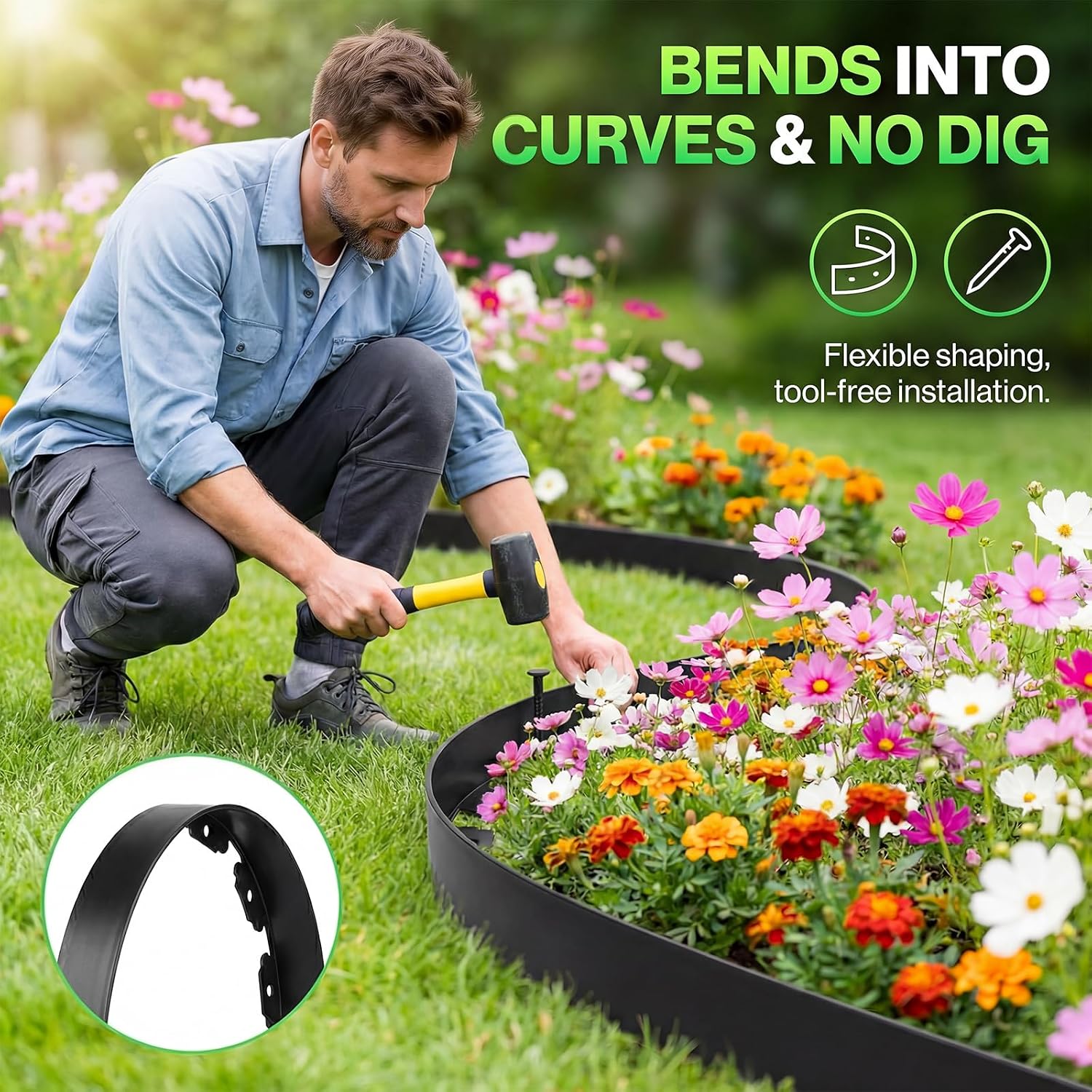 Landscape Edging, 2" x 120' Garden Edging Border, Plastic Garden Edging with 140 Pcs Spikes, No Dig Landscape Edging