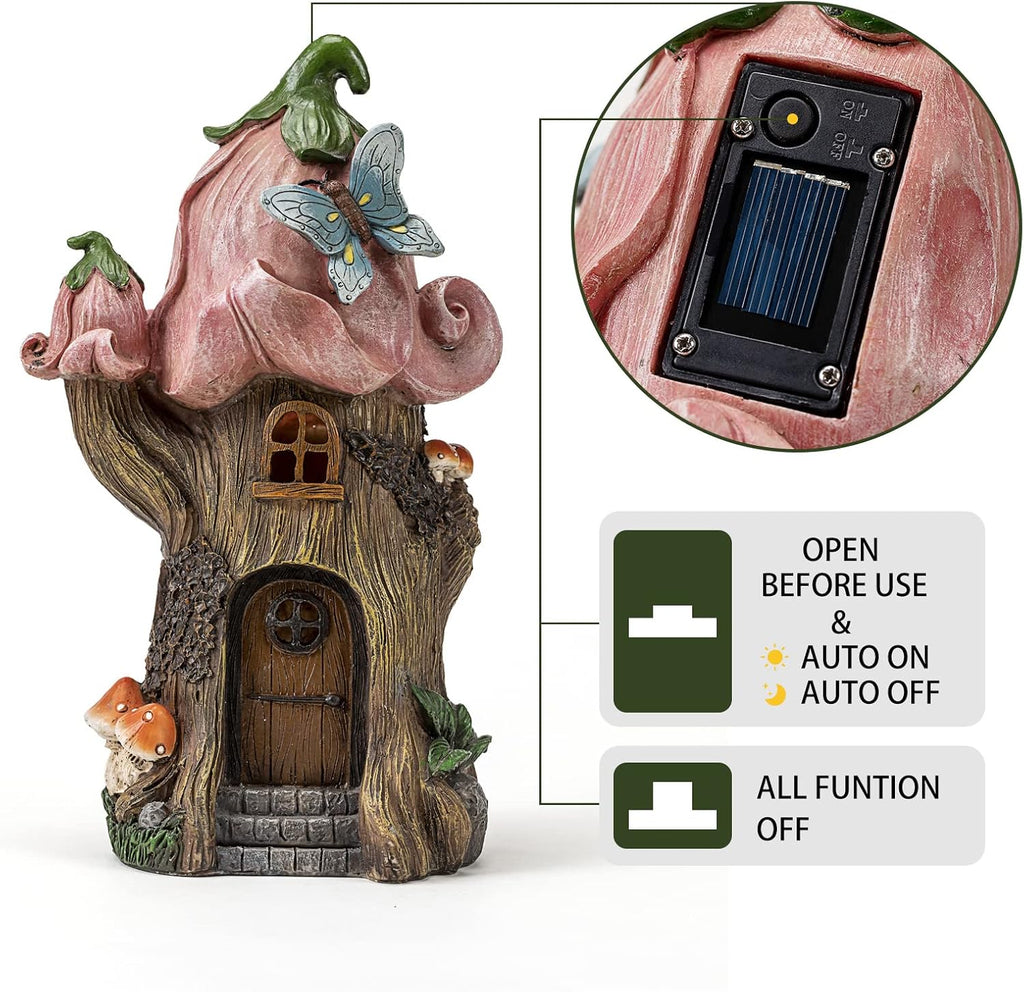 Fairy Garden Accessories Outdoor Statues, Mushroom House Decor,Large Gnome Solar Powered Lights Sculptures,Pink Resin