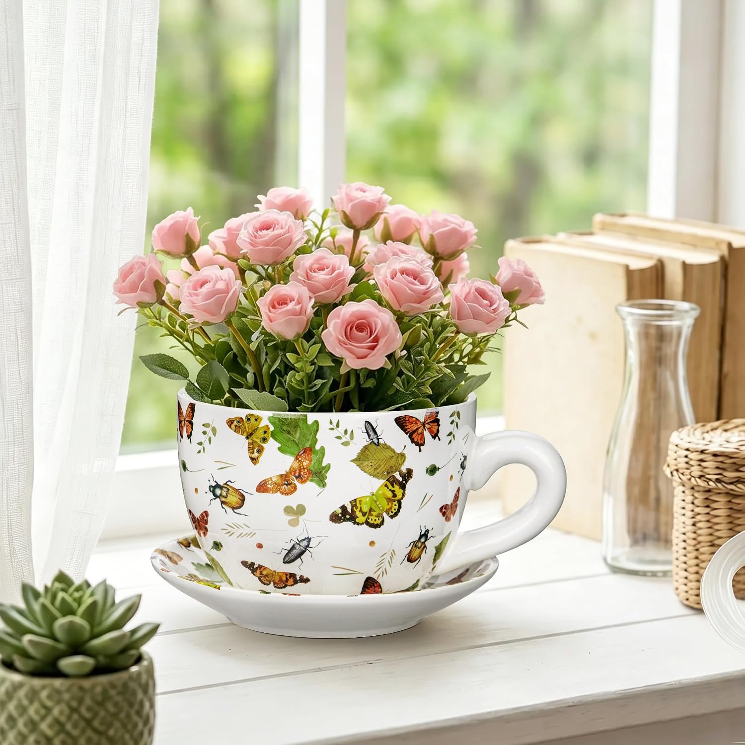 Ceramic Teacup Planter Pot with Saucer - 5.9 Inch Coffee Cup Shaped Plant Pot with Drainage Hole Butterfly Insect
