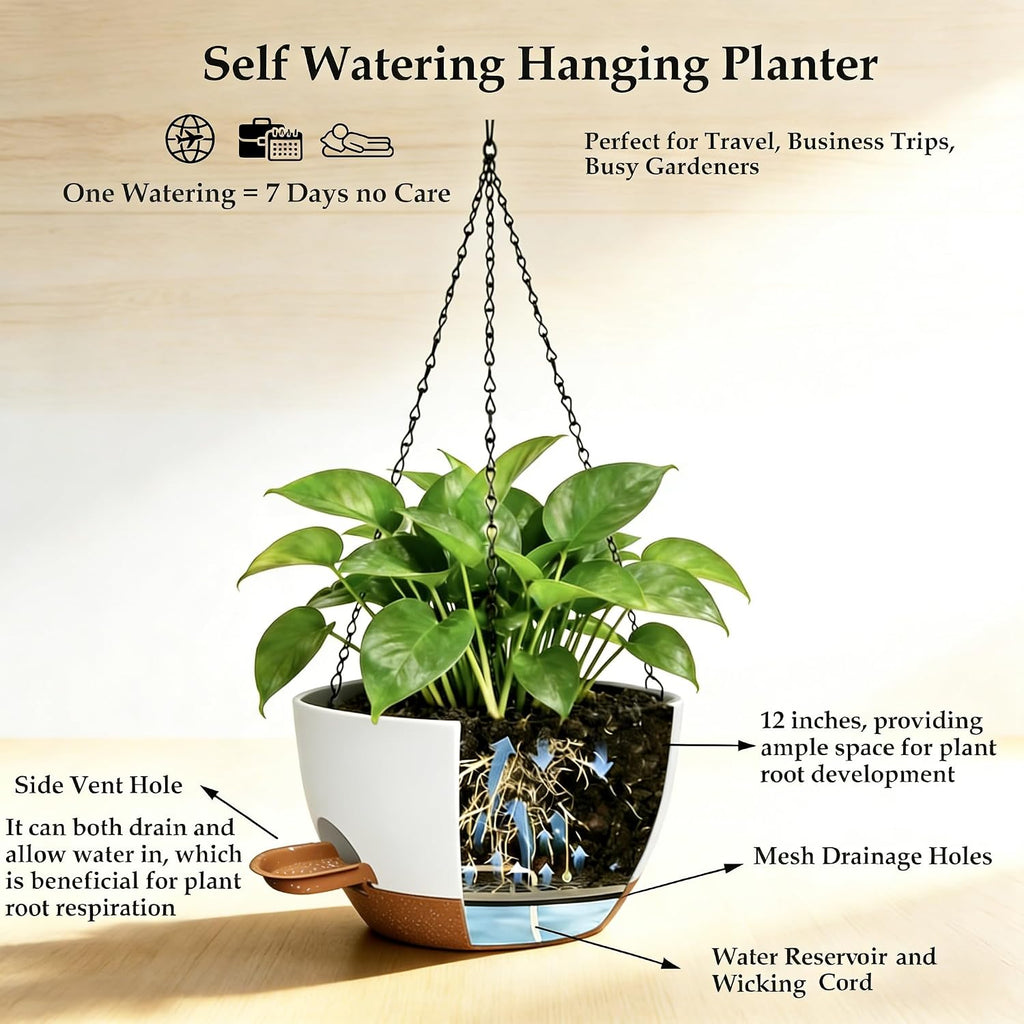 12 Inch Self Watering Hanging Planters 2 Pack, White Brown | Plastic planters with drainage holes and saucers. Suitable