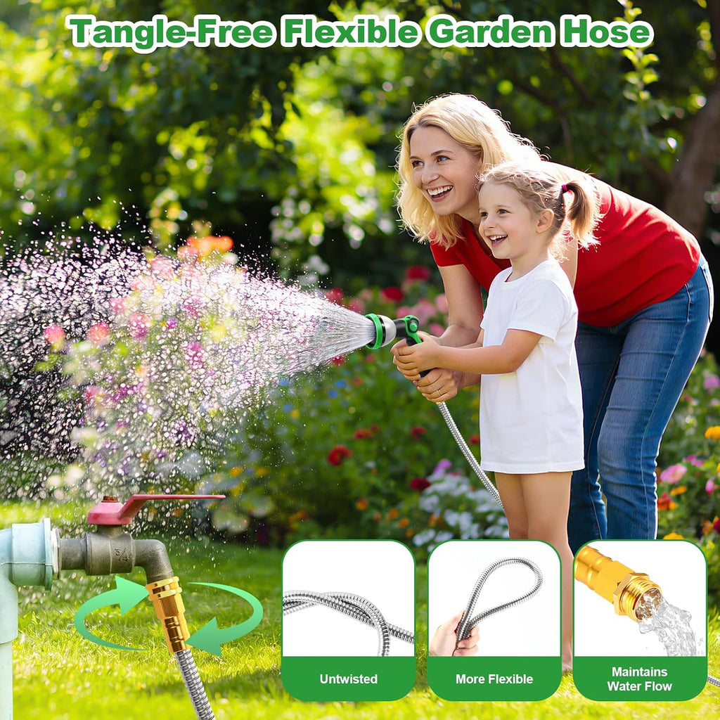 Garden Hose 50FT, Stainless Steel Metal Water Hose with 10-Function Nozzle | No-Kink, Leak-Proof, Wear-Resistant, 3/4