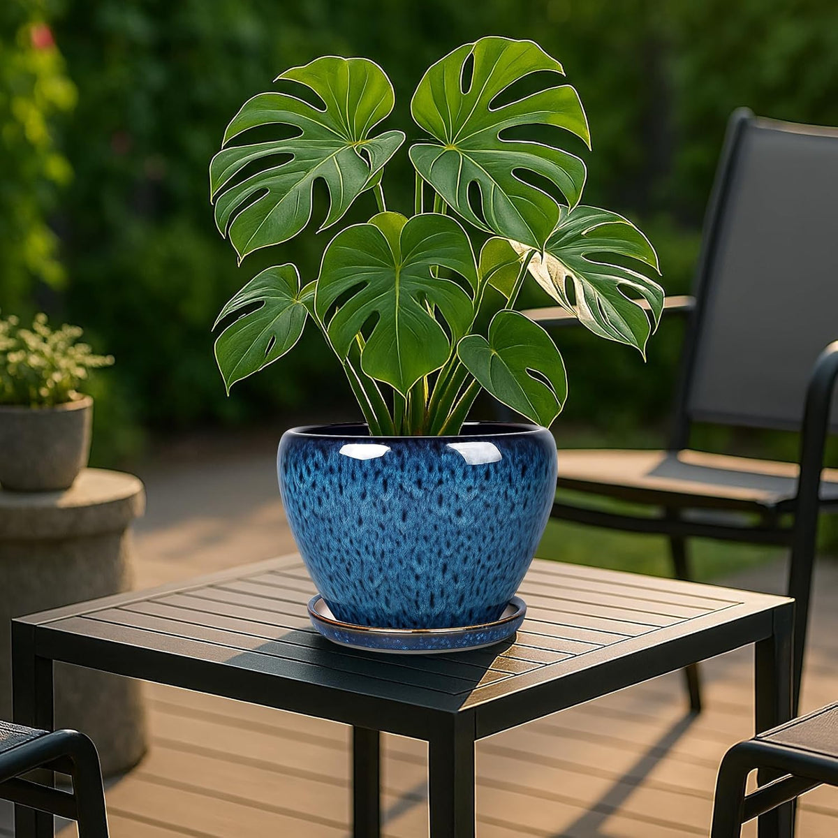 Deep Dream 8 Inch Plant Pots- Ceramic Pots for Plants with Drainage Hole and Saucer, Large Planter Pot for Indoor