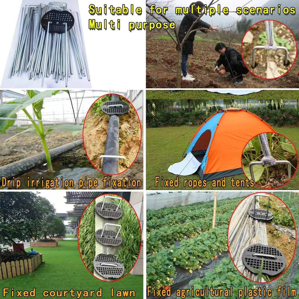 200Pcs Landscape Staples with 200 Gasket with 1Pick Hook, 6 Inch Heavy Duty Garden Stakes 11 Gauge U Shaped Galvanized
