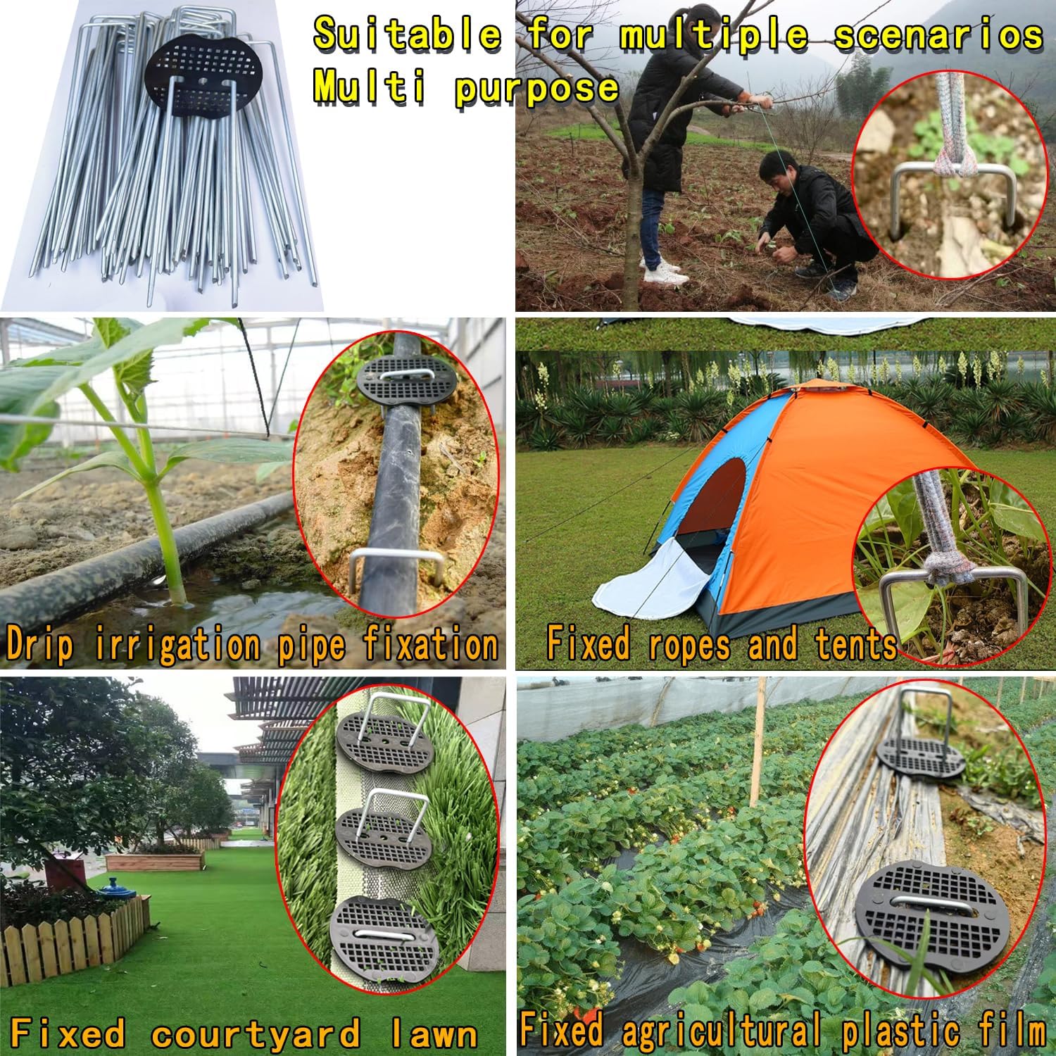 200Pcs Landscape Staples with 200 Gasket with 1Pick Hook, 6 Inch Heavy Duty Garden Stakes 11 Gauge U Shaped Galvanized