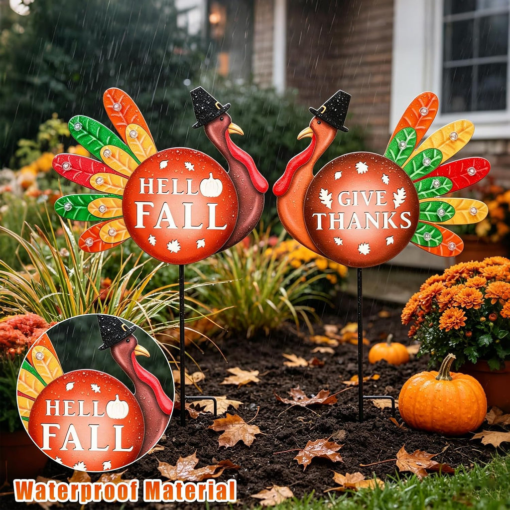 Thanksgiving Turkey Outdoor Decor for Home, 2 Pack | Harvest Fall Outside Decor, Lighted Up Turkey Metal Garden Stakes