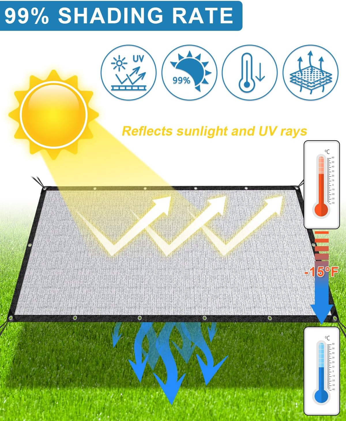 Cool Area 99% Aluminum Sun Shade Cloth 10x20FT Reflective Silver Tarp Fabric with Grommets for Greenhouse, Car, Garden