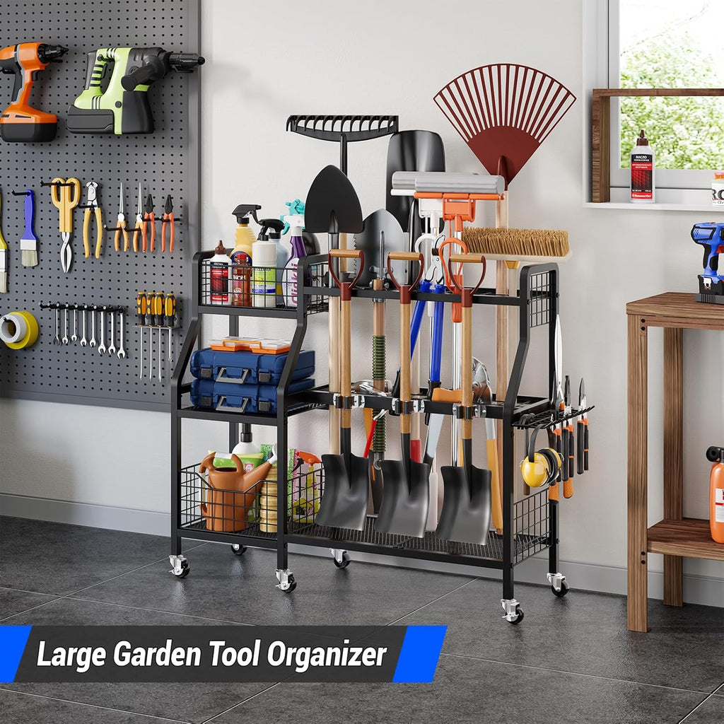 keomaisyto Heavy-Duty Garden Tool Organizer with 6 Wheels and 2 Baskets | 3 Lockable Casters, Large Metal Yard Tool