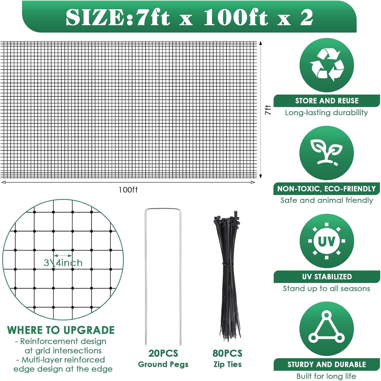 2 Roll Deer Fence Netting, 7.5 x 200 ft Heavy Duty Garden Netting Reusable Fence Barrier Anti Birds for Protect Fruit