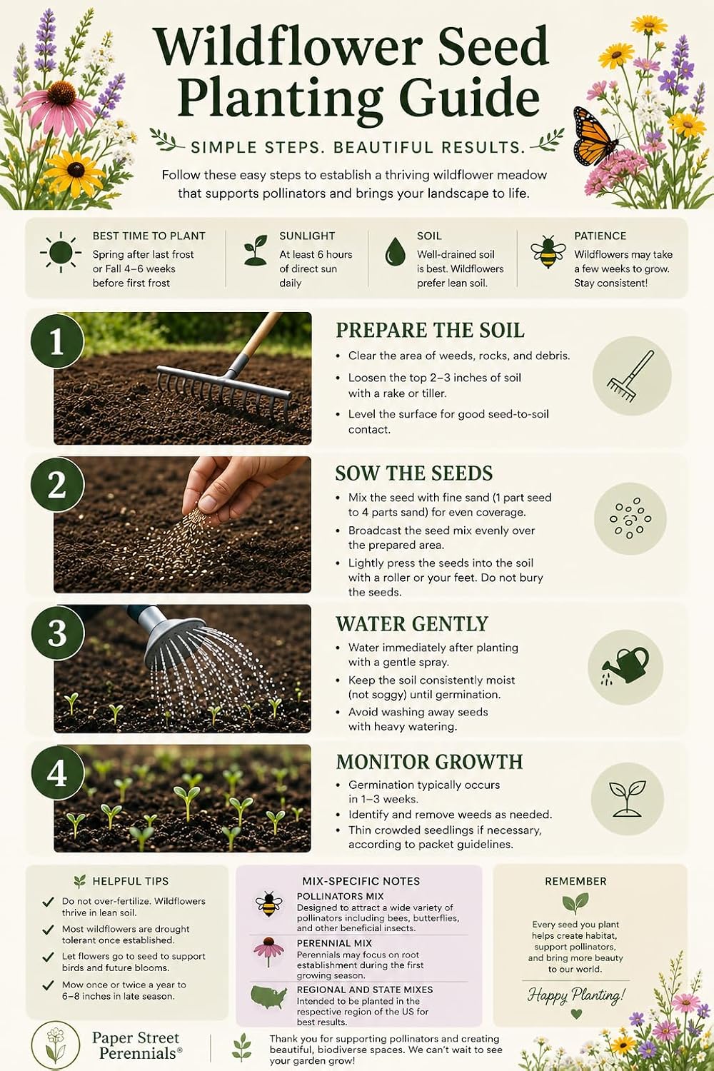 North Carolina Bulk Perennial and Annual Non-GMO Wildflower Seed Mix 1/4lb Covers 500sq-ft - Attract Pollinators