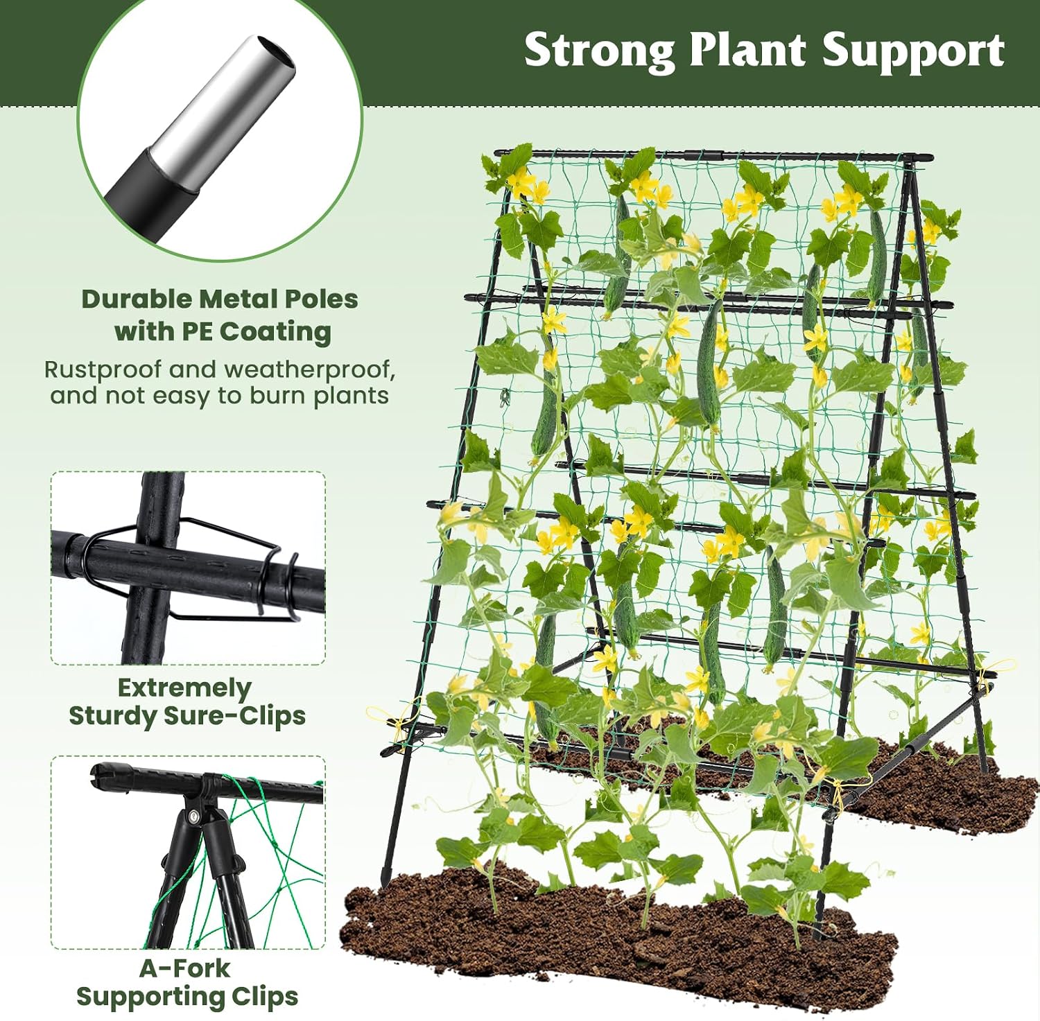 Giantex Cucumber Trellis, Trellis for Climbing Plants Outdoor, Garden Trellis w/Netting, PE-Coated Metal, Clips, Plant