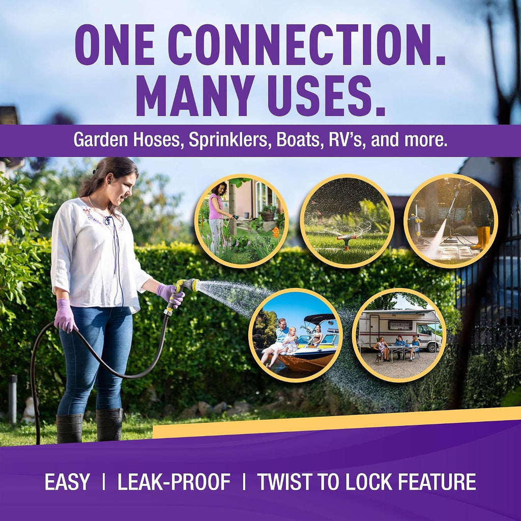 Low Lead Locking Garden Hose Quick Connect Fittings ¾ Inch GHT Solid Brass Leak Proof to 200 PSI Heavy Duty