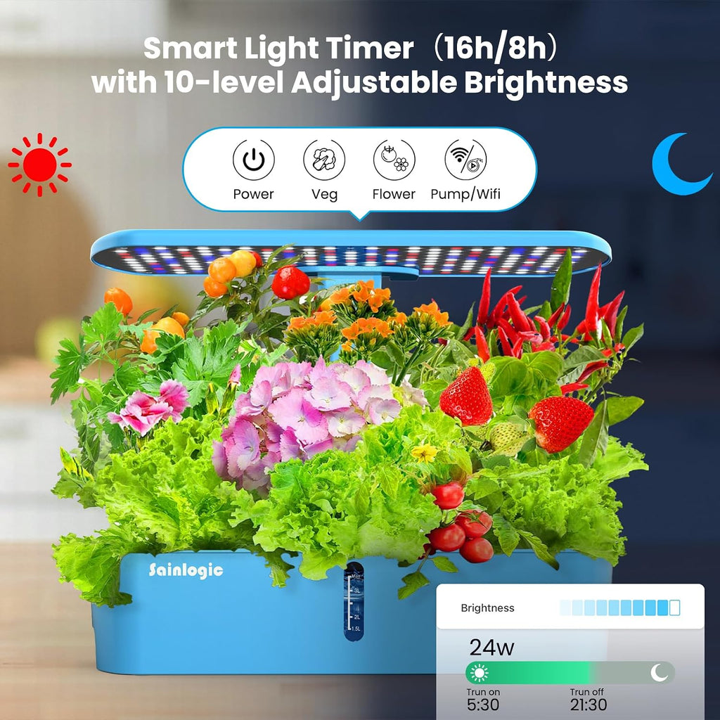 Sainlogic Hydroponics Growing System, 12 Pods Indoor Garden 24W Adjustable-Height LED Grow Light, Gift for Mom, APP &