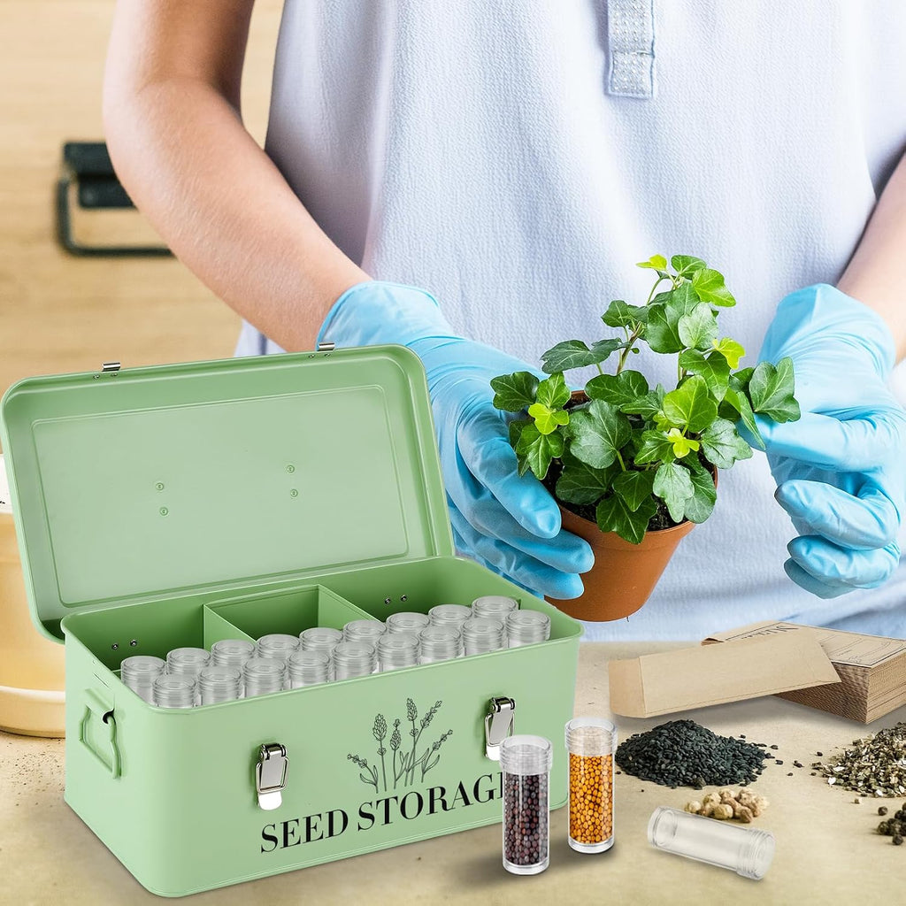 Seed Storage Box , Metal Seed Organizer Saving Box, Seeds Packet Container | with 4 Dividers,With 60 Slots 60 Seeds