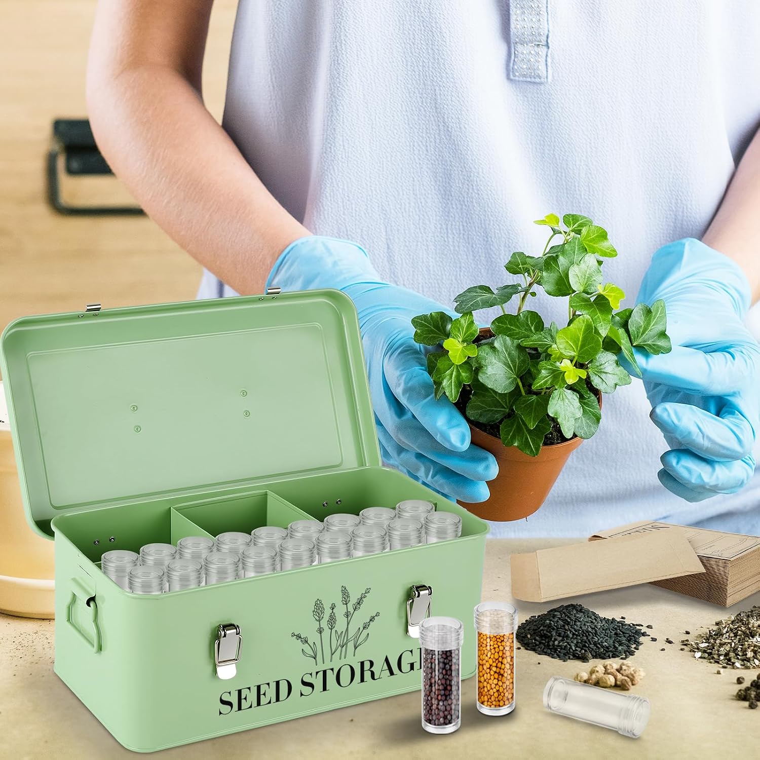 Seed Storage Box , Metal Seed Organizer Saving Box, Seeds Packet Container | with 4 Dividers,With 60 Slots 60 Seeds