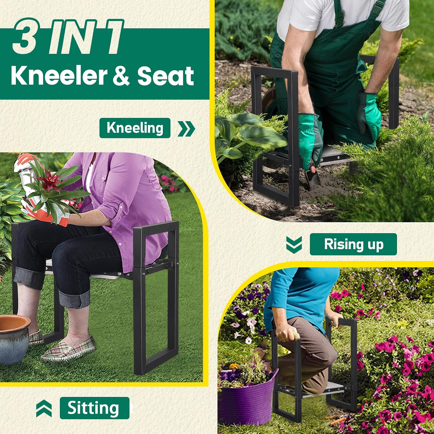 Garden Kneeler and Seat - Heavy Duty Folding Garden Stool with Handles, Stable Kneeling Device Bench Chair Gardening