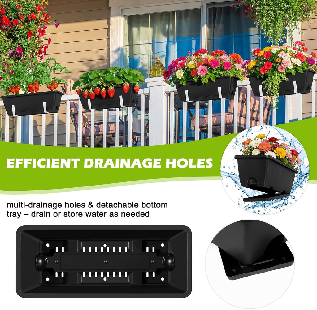 Railing Planter Boxes 6 Pack Window Boxes Planters with Adjustable Brackets | Outdoor Hanging Flower Pots for Railling