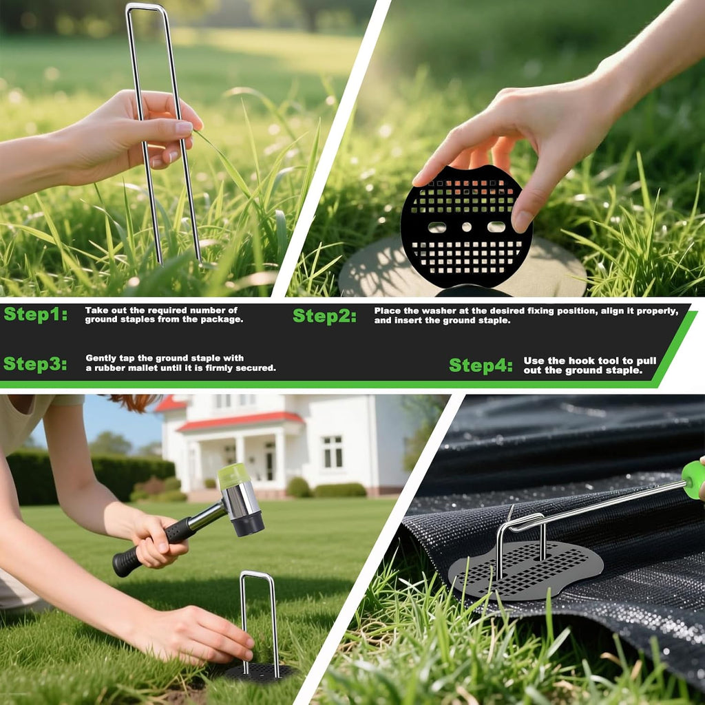 6 Inch Landscape Staples Set, 11 Gauge Galvanized U-Shaped Garden Stakes (100 Pack) with 100 Gaskets, Hook Tool &
