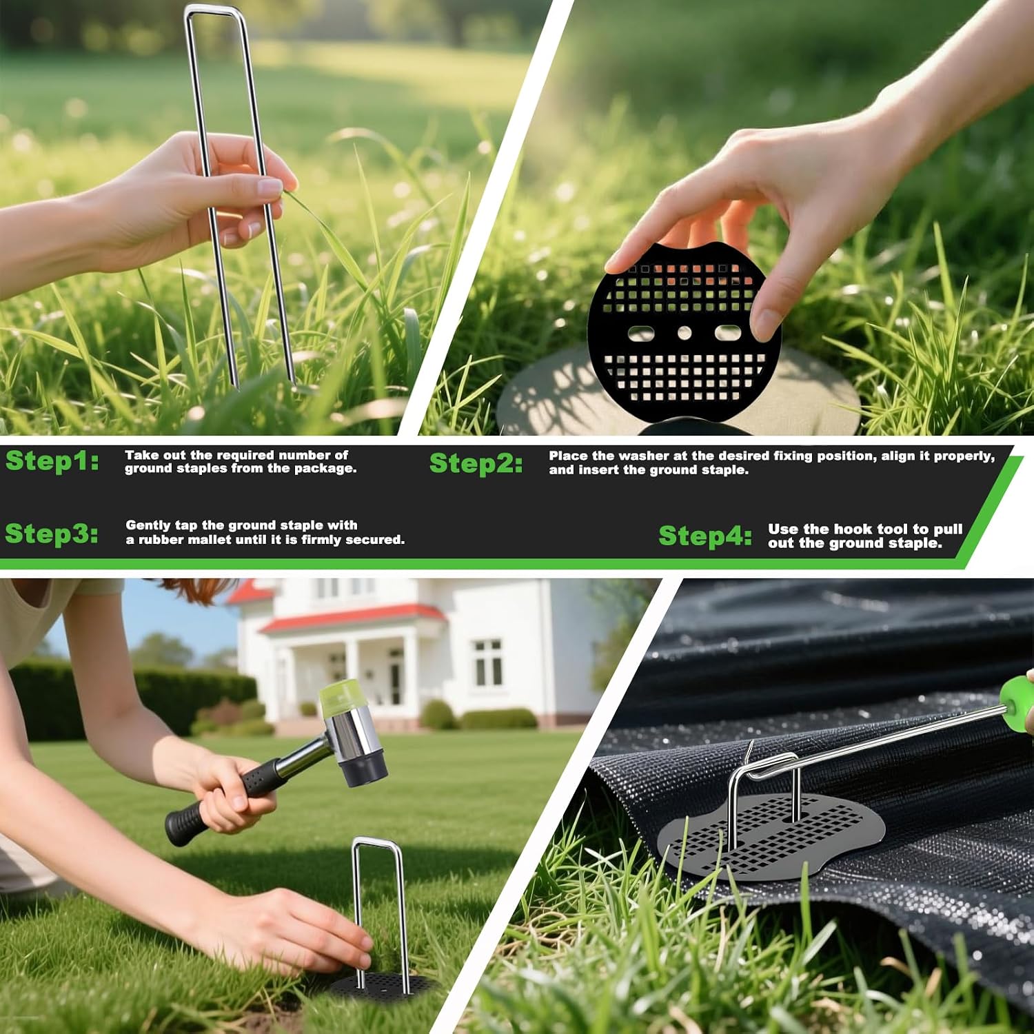 6 Inch Landscape Staples Set, 11 Gauge Galvanized U-Shaped Garden Stakes (100 Pack) with 100 Gaskets, Hook Tool &
