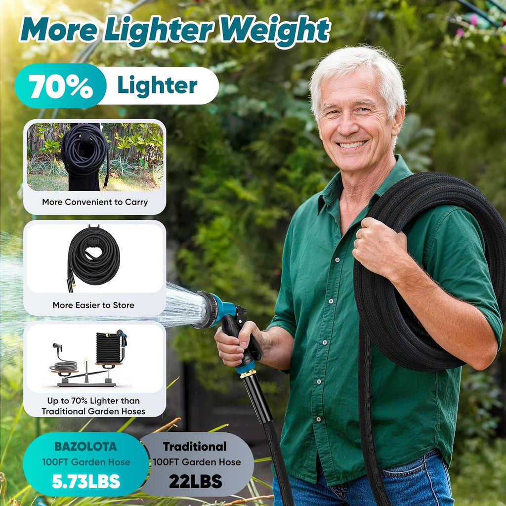 Garden Hose 100FT Non-Expanding, Lightweight Hose With 10-Function Nozzle, Leak-Proof No-Knot, Easy to Carry