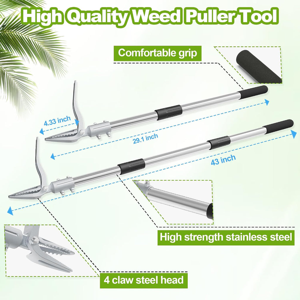 Weed Puller Tool with Gloves, Long Handle Stand Up Weed Tool, Heavy Duty Weeder Remover Tool with 4 Claw Steel Head for