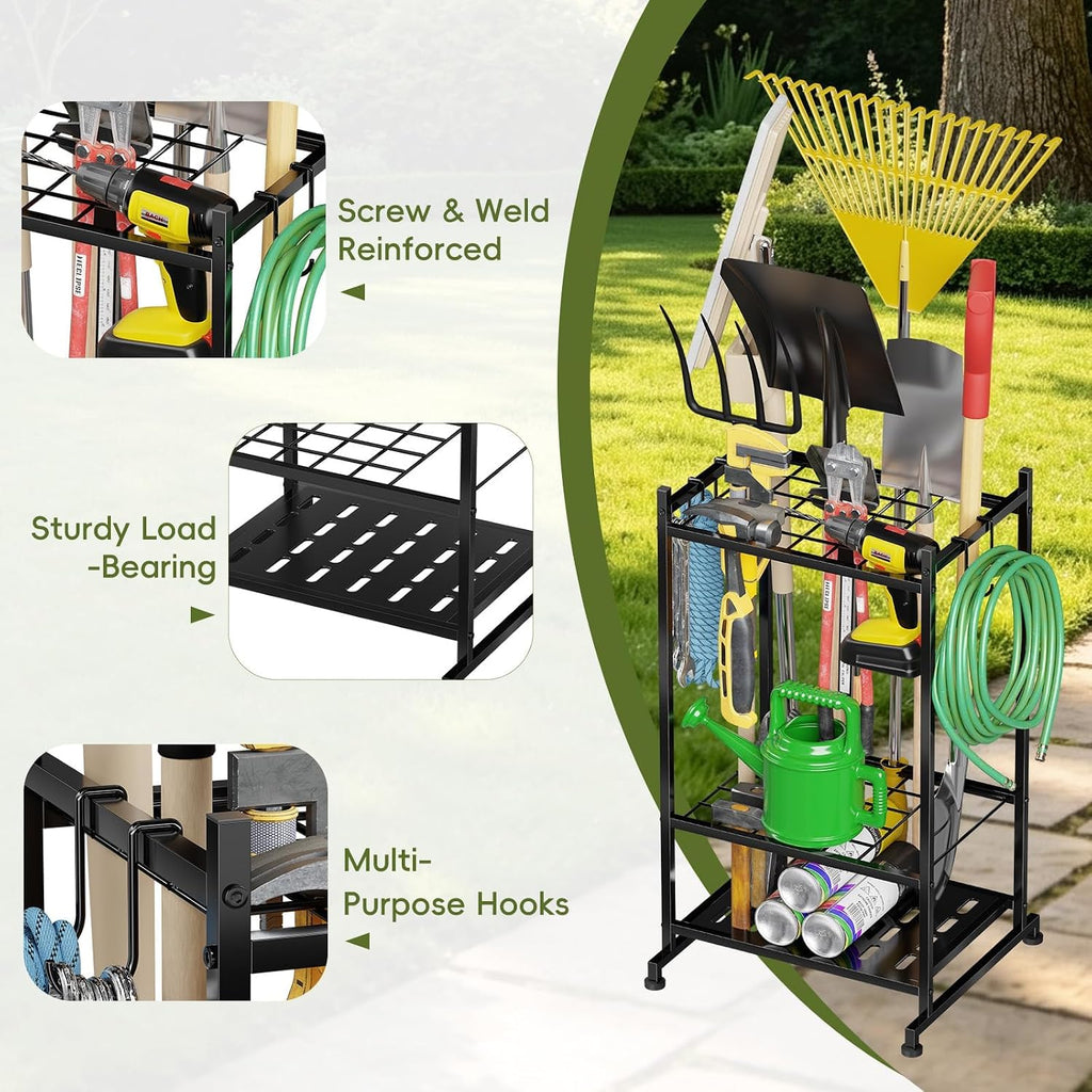 Garden Tool Organizer with Leveling Feet, Yard Tool Tower Rack for Garage Organization with Large Tool Bags with