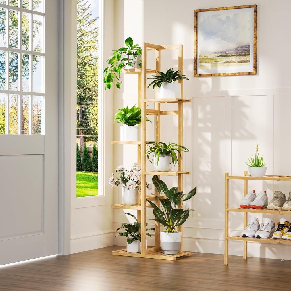 ROMGUAR CRAFT 6 Tier Bamboo Plant Stand Indoor, Wood Tall Flower Holder Corner Tiered Plant Shelf for Multiple Plants