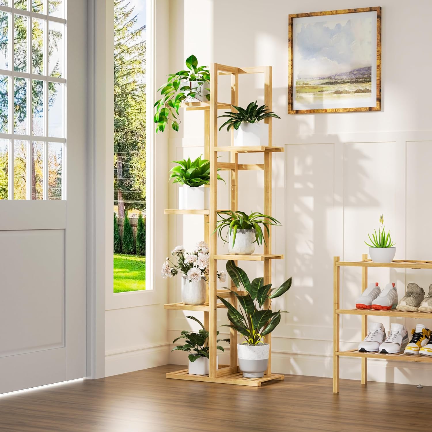 ROMGUAR CRAFT 6 Tier Bamboo Plant Stand Indoor, Wood Tall Flower Holder Corner Tiered Plant Shelf for Multiple Plants