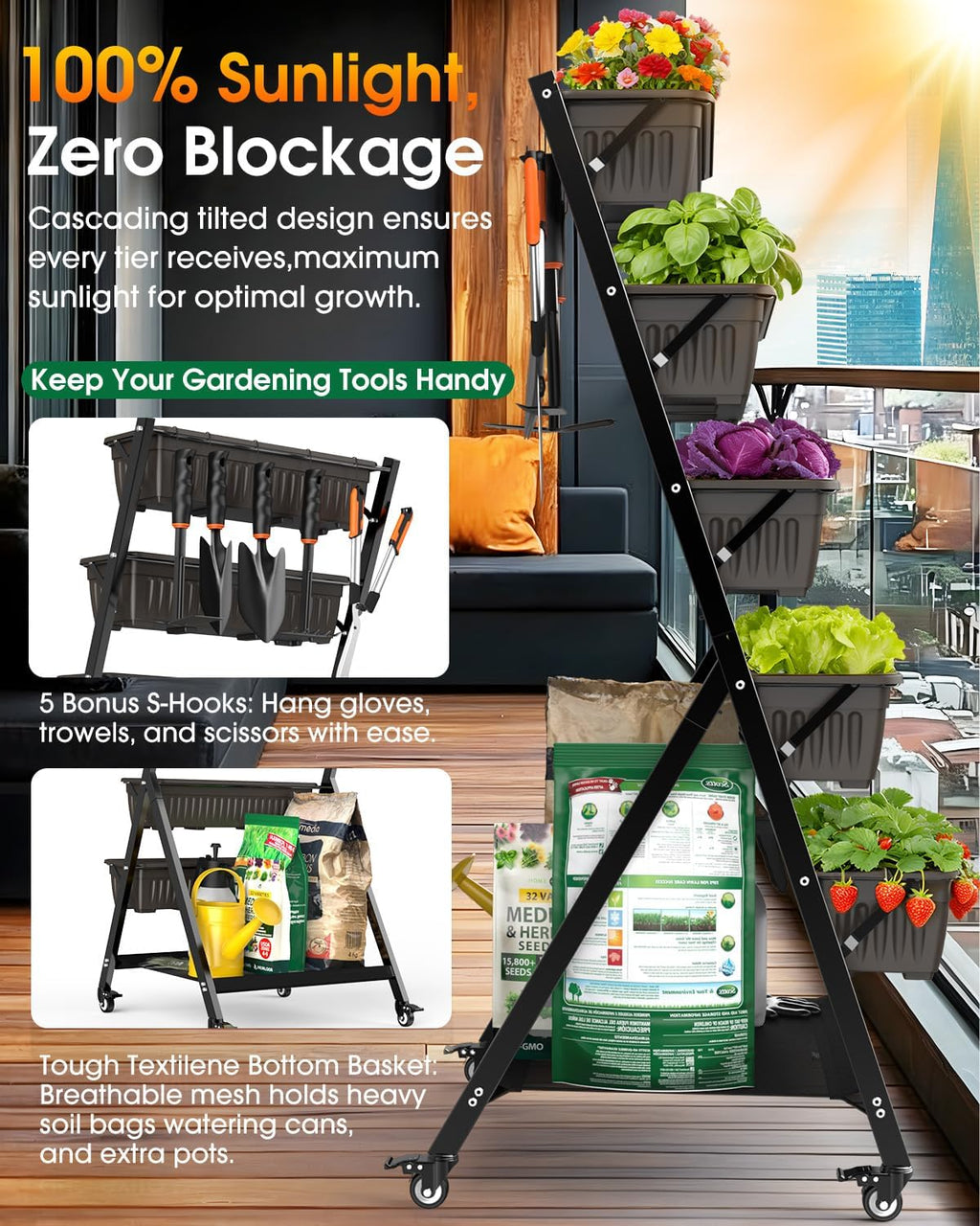 5-Tier Vertical Garden Bed Planter Boxes with Wheels, Drainage System & Storage Space, Mobile Vertical Garden Planter