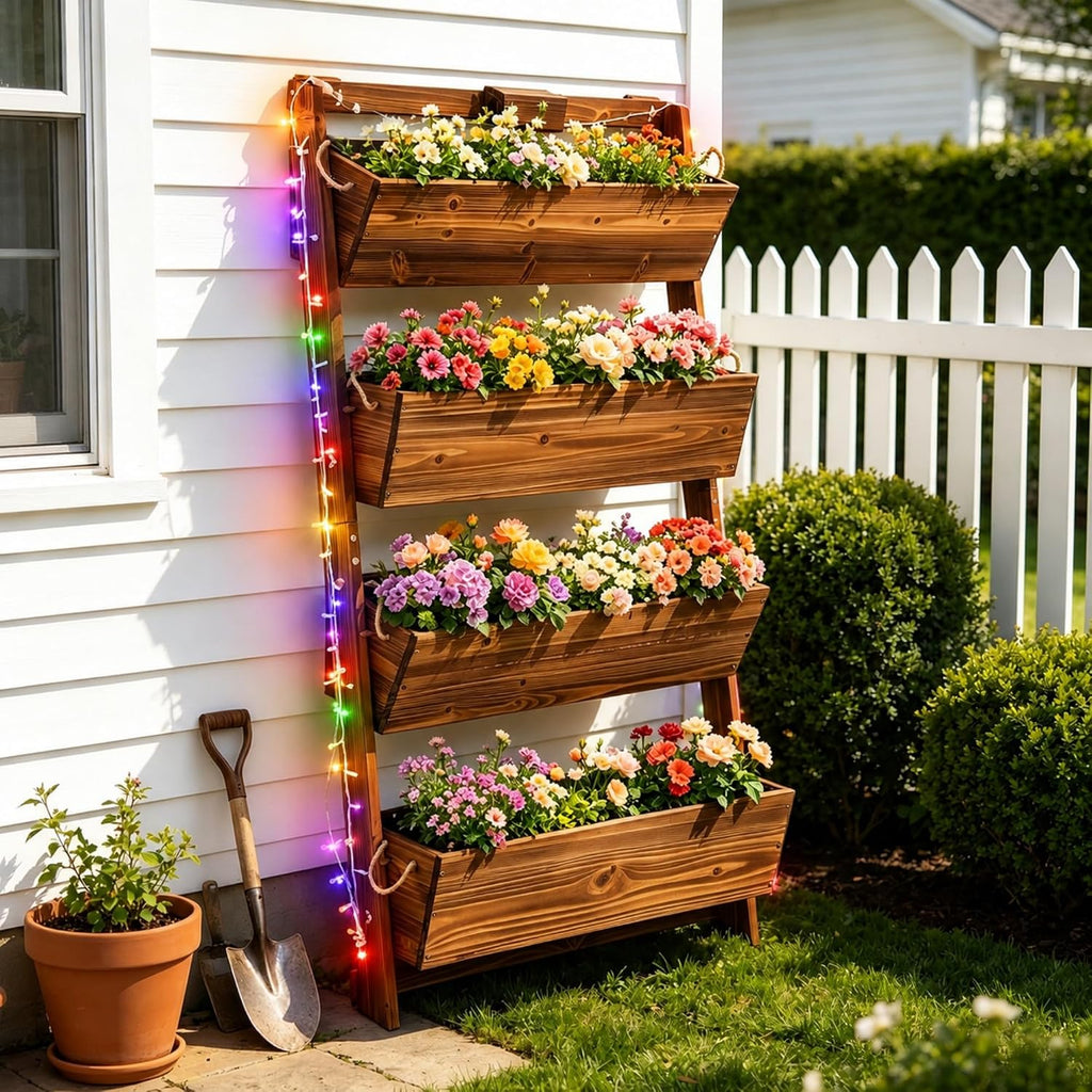 51" 4-Tier Vertical Garden Planter with LED Lights | Wooden Raised Garden Bed for Outdoor Herbs & Flowers, Wall-Leaning