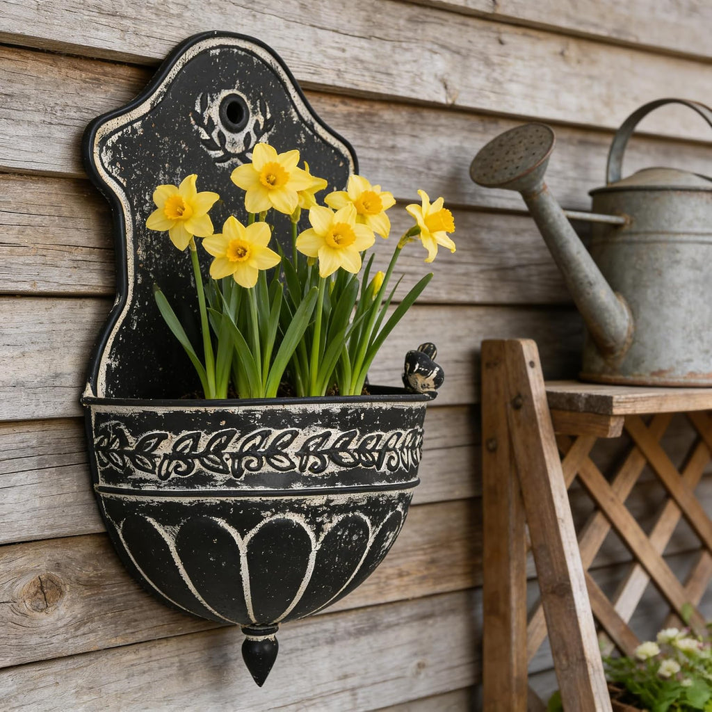 Vintage Distressed Black Metal Wall Planter, Rustic Hanging Pocket Planter with Scrollwork & Scalloped Design