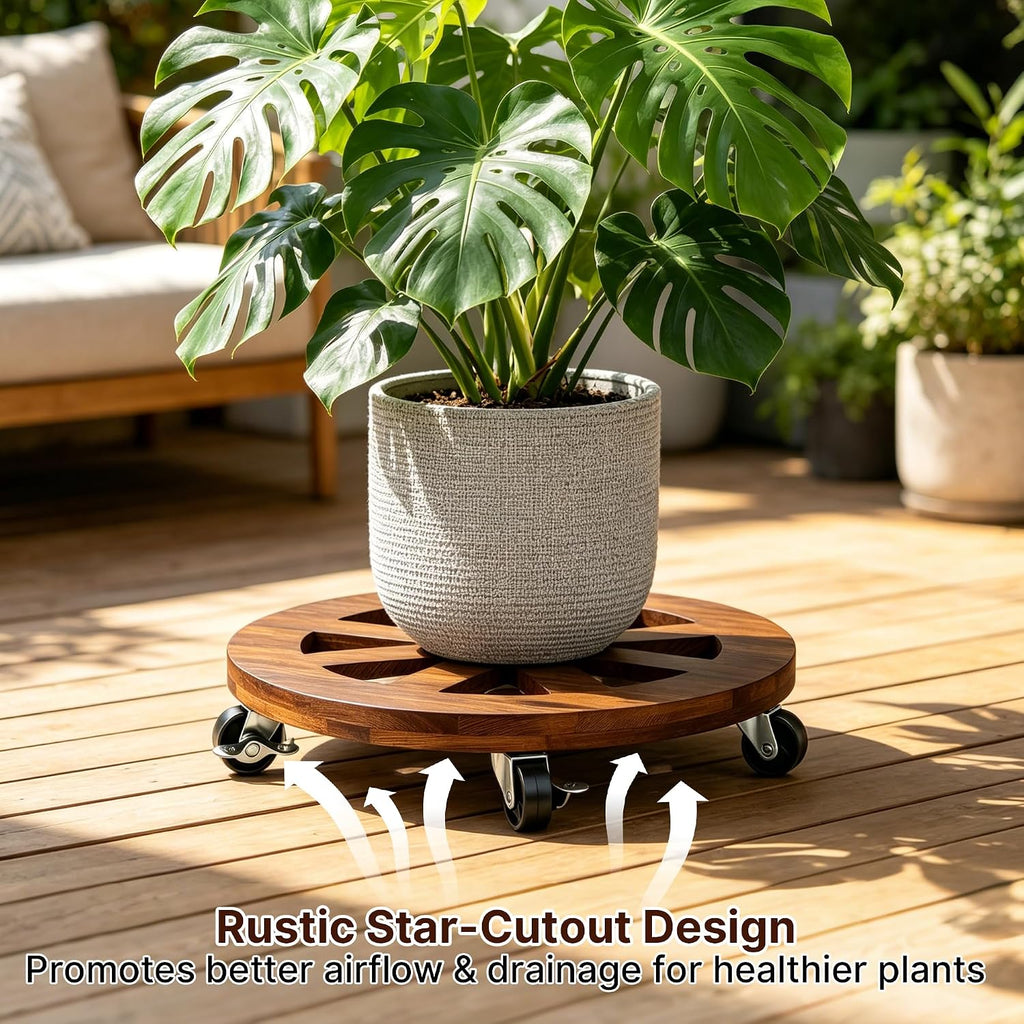 JVD 2 Pack Plant Caddy with Wheels 12'' Wood Rolling Plant Stand Outdoor Brown | Plant Stand 360° Lockable Wheels Heavy