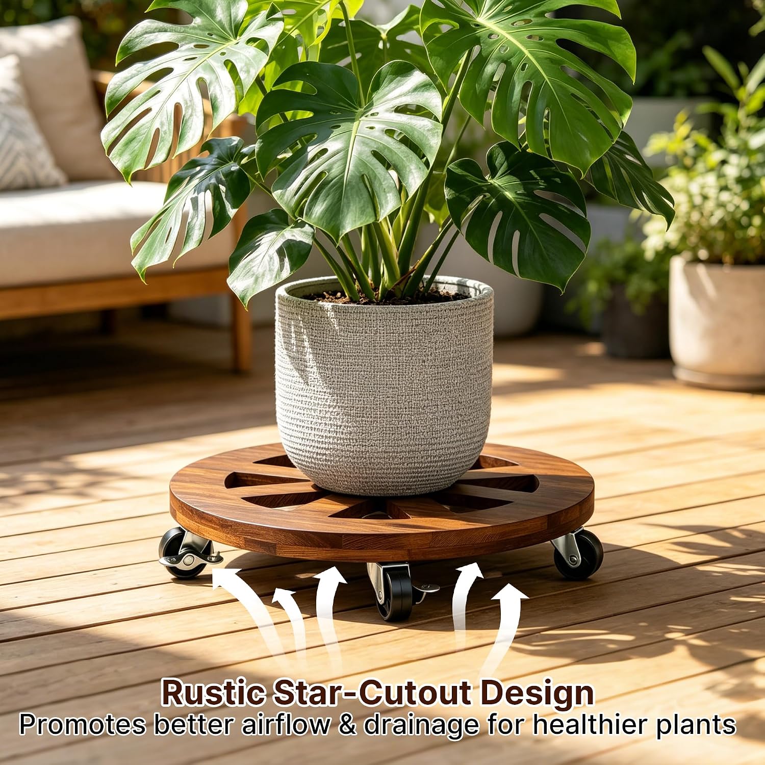 JVD 2 Pack Plant Caddy with Wheels 12'' Wood Rolling Plant Stand Outdoor Brown | Plant Stand 360° Lockable Wheels Heavy