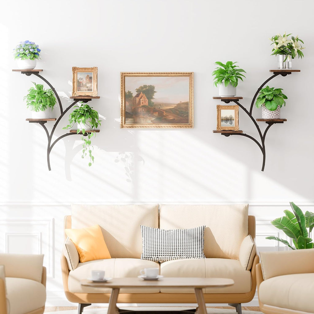 2 Pack Wall Mounted Plant Holder, 8-Tier Wall Planters for Indoor Plants | Metal and Wood Wall Planters, Easy To