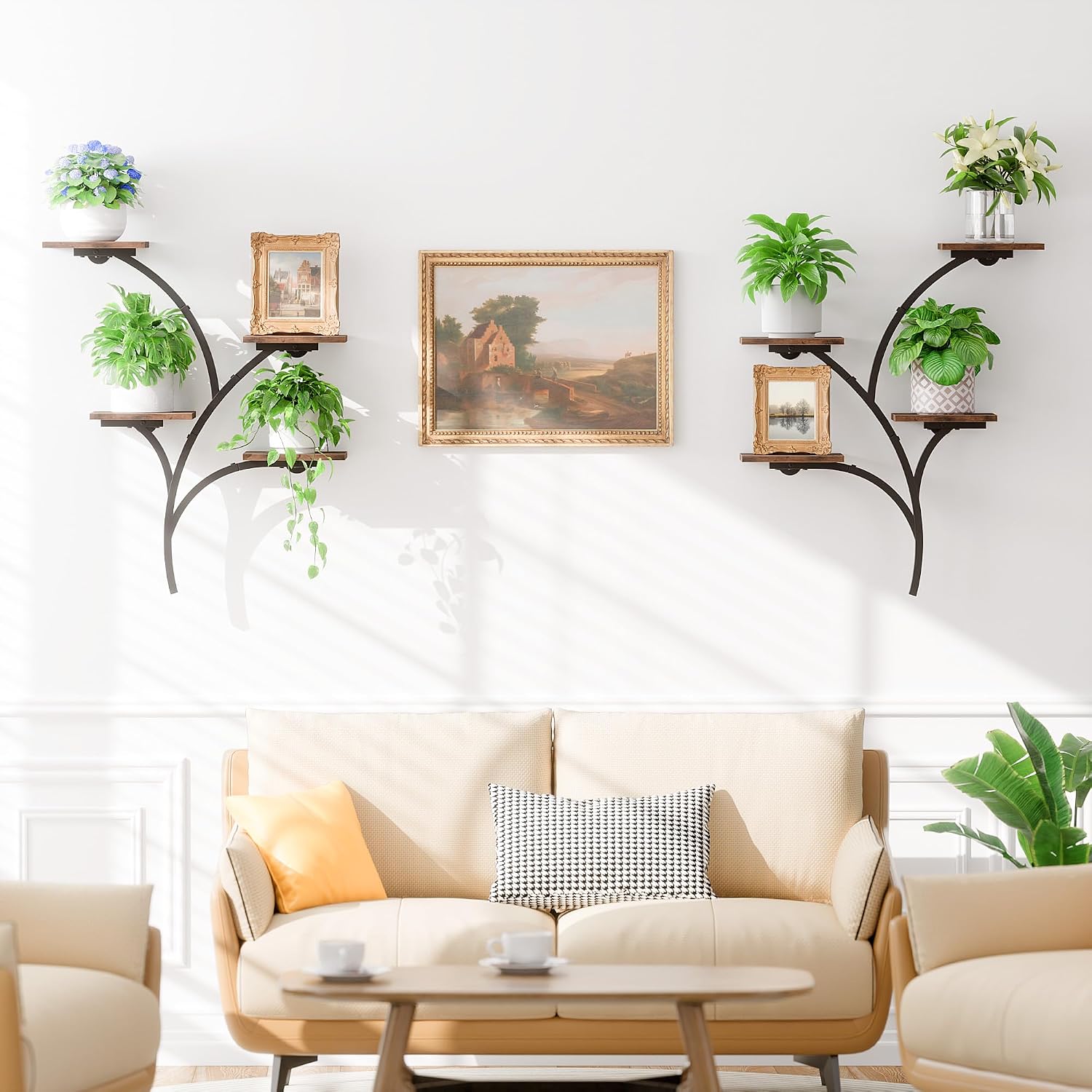 2 Pack Wall Mounted Plant Holder, 8-Tier Wall Planters for Indoor Plants | Metal and Wood Wall Planters, Easy To