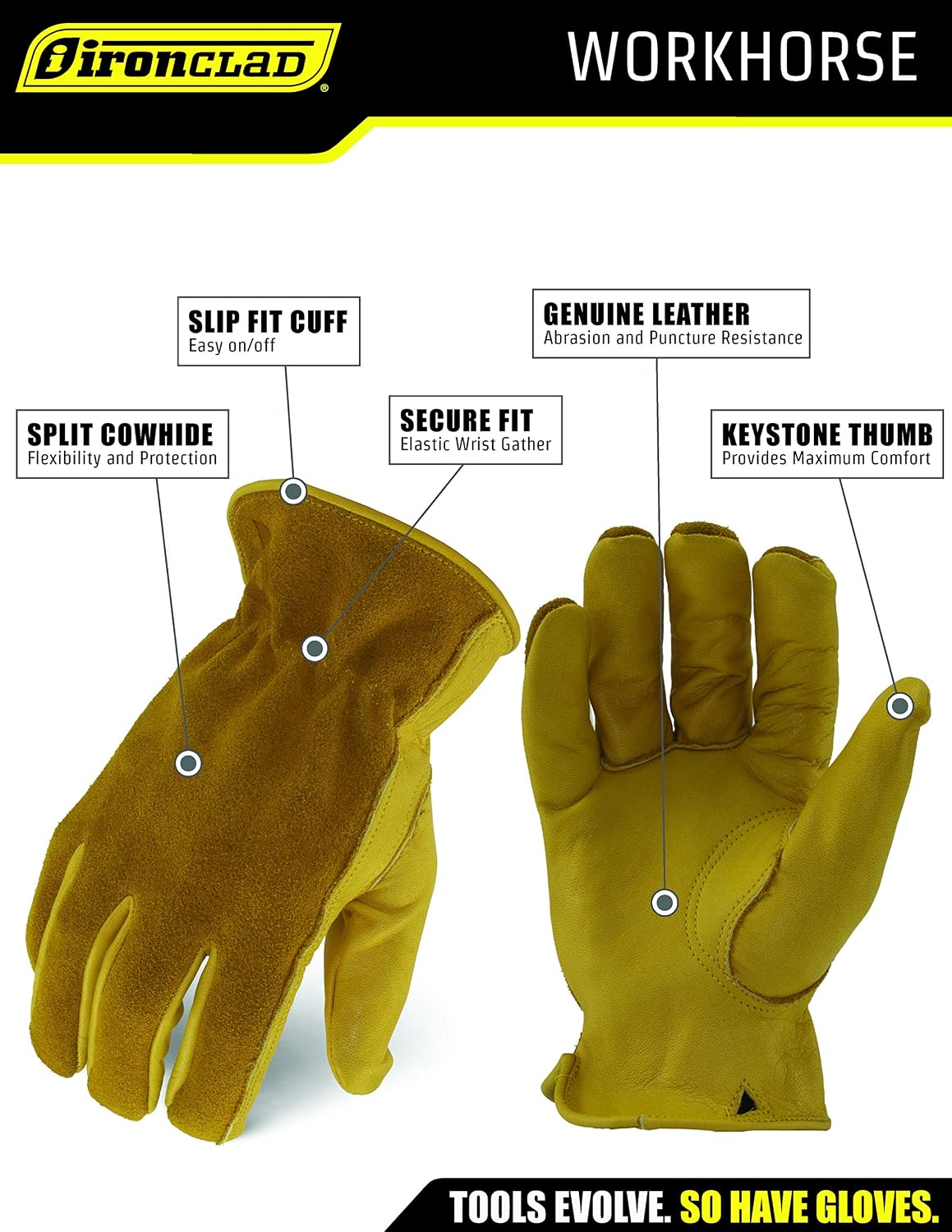 Ironclad Workhorse Leather Work Gloves, Suggested Uses For Landscaping, Ranch Work, Diy Projects, Sized XS, S, M, L