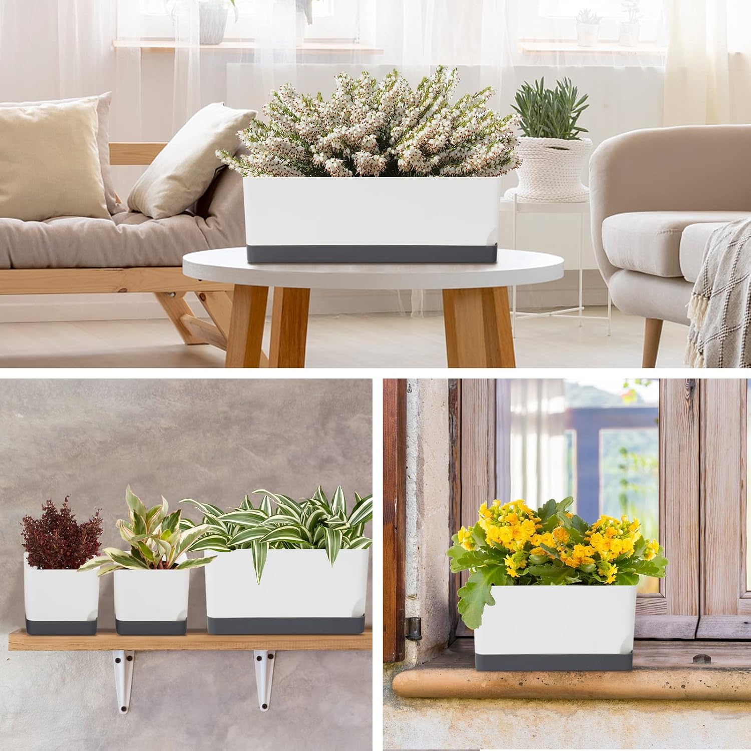 Self Watering Planters Pots for Indoor Plants, 7 Pack 4+8+17 Inch Plastic Window Boxes Planters Herb Planter, Rectangle