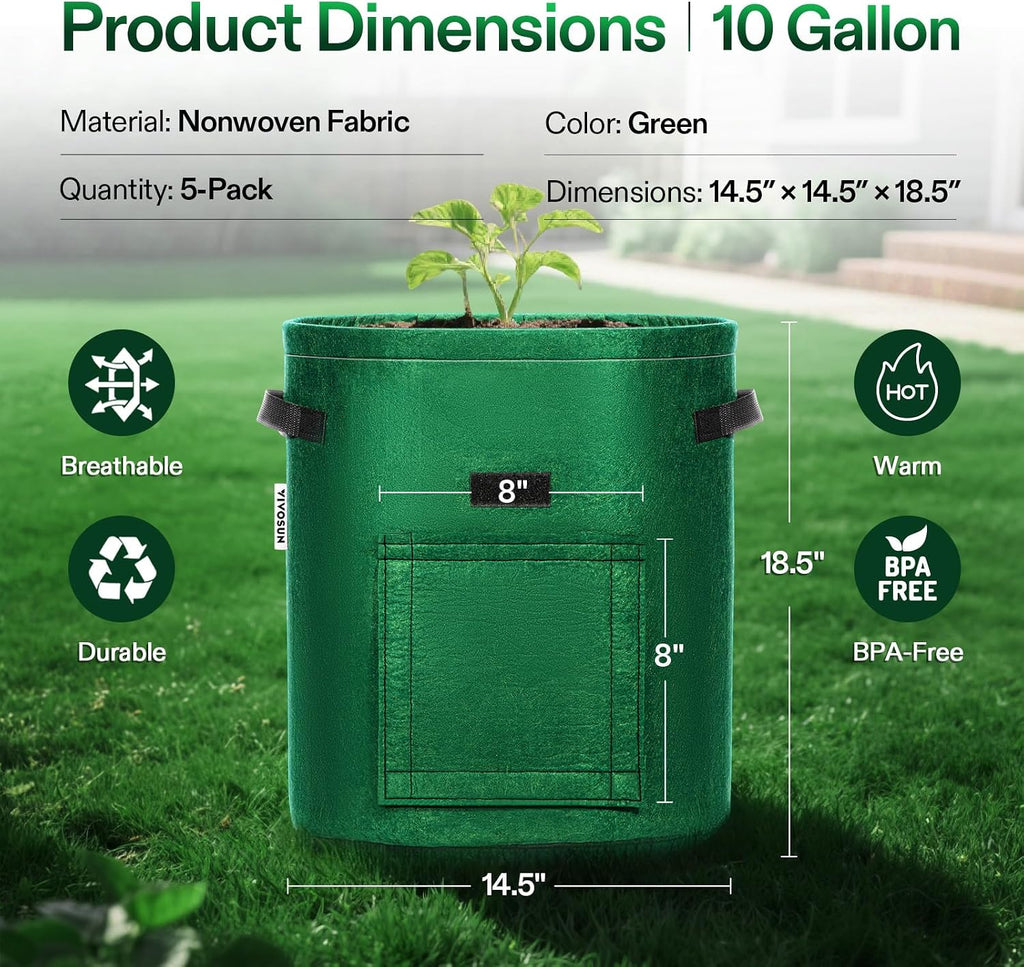 VIVOSUN 5-Pack 10 Gallon Potato Grow Bags, Roll-up Harvest Window | Easy Potato Harvesting, 300G Thick Nonwoven Fabric