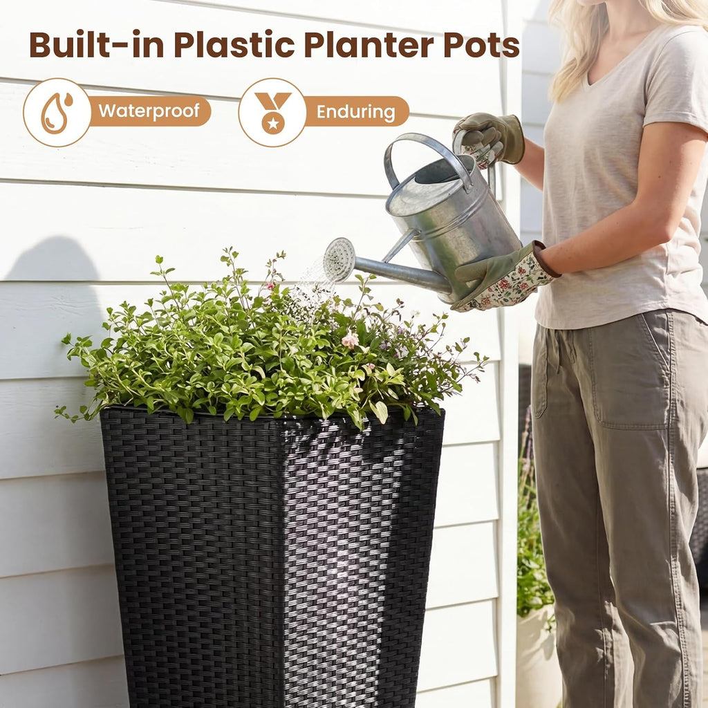 HAPPYGRILL 24" Tall Rattan Plant Pots Set of 2 with Adjustable Foot Pads | Outdoor Taper Planter w/Detachable Inner