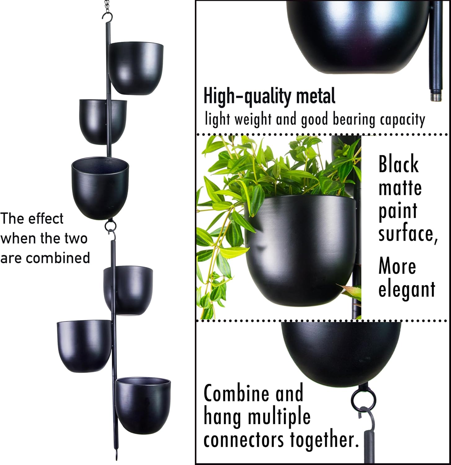 3-Tier Metal Hanging Planter with 6 Inch Oval Pots - Black Modern Triple Tiered Plant Hanger - Vertical Stackable Wall