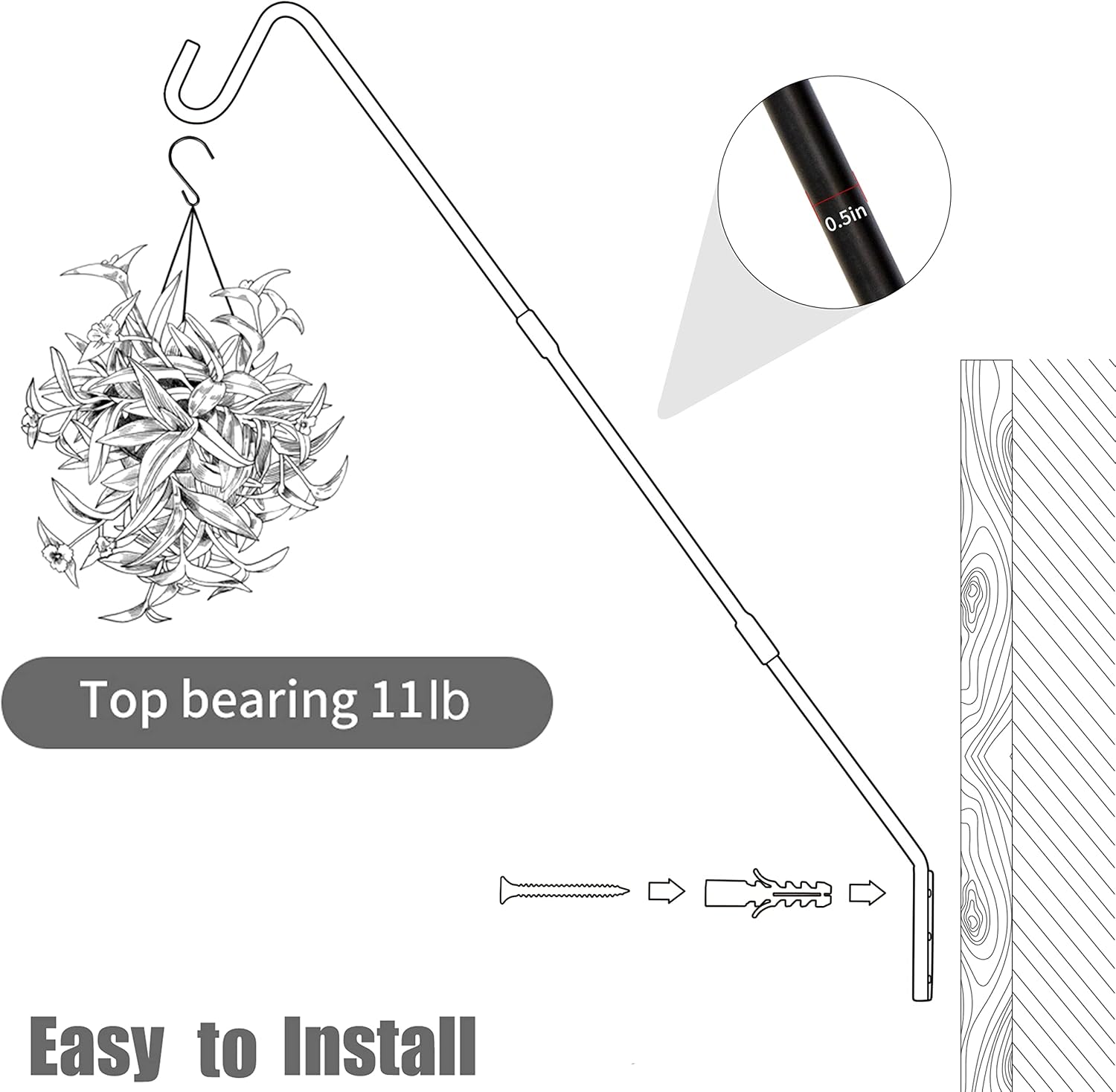 Juegoal 2 Pack Heavy Duty Deck Hook, 25 Inch or 36 Inch Wall Mounted Extended Reach Deck Hook Wall Pole Plant Bracket