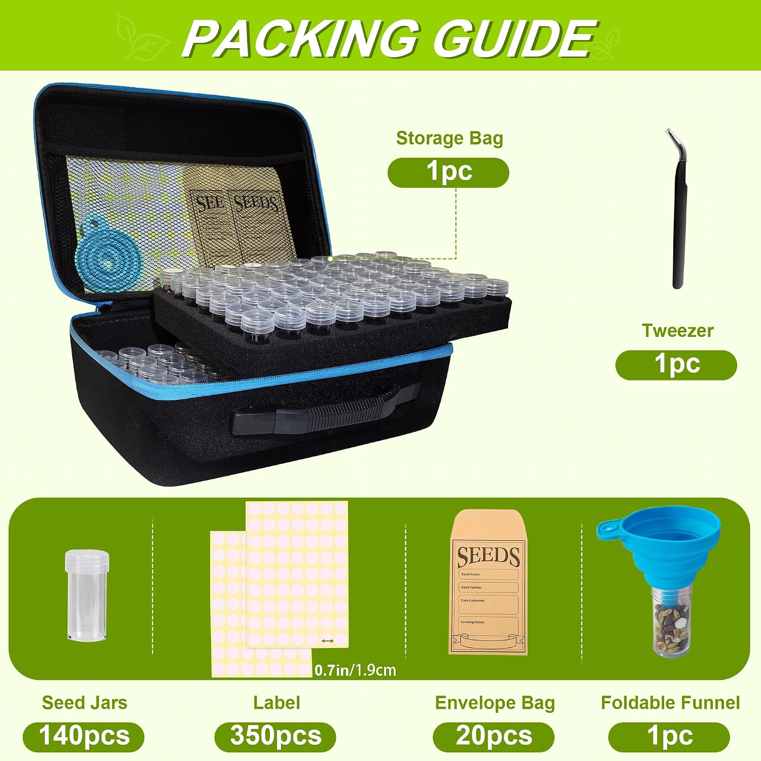 140 Slots Seed Storage Organizer Box with 20 Envelopes, Large Capacity Seed Storage Container with Zipper Bag, Label