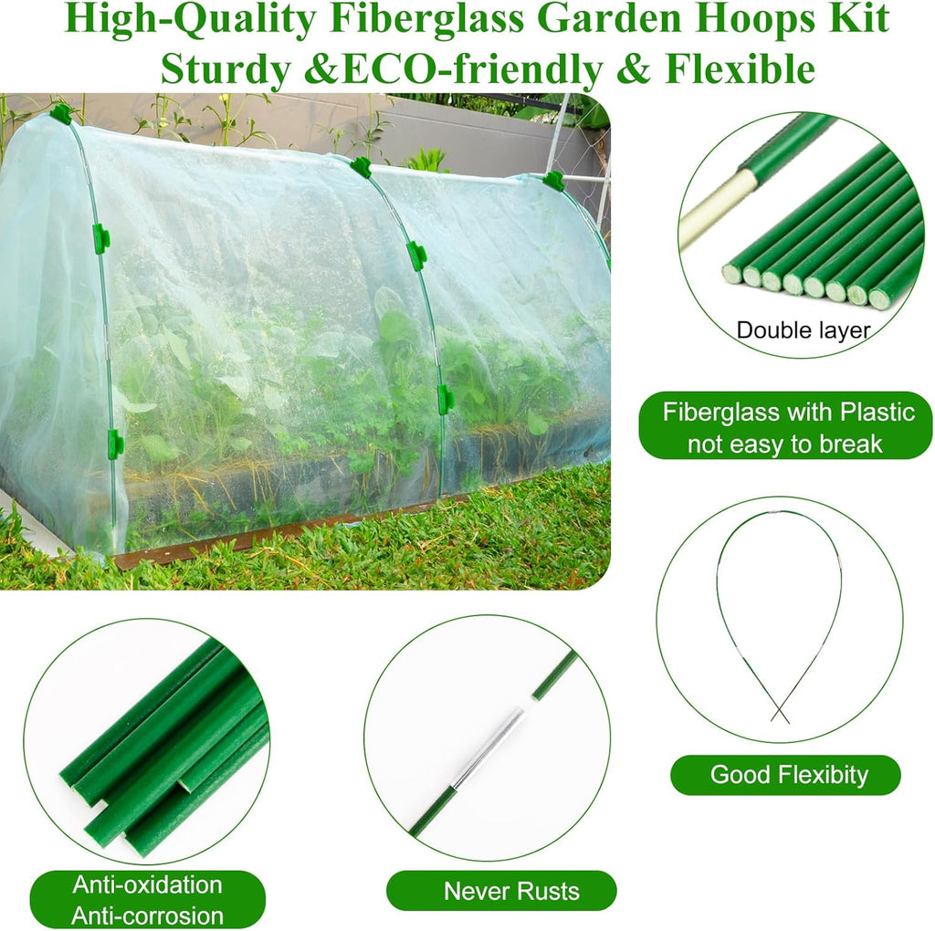 60Pcs Greenhouse Hoops Grow Tunnel Wide, 8FT Rust-Free Fiberglass Support Garden Hoops Kit for Raised Beds Plant Cloth
